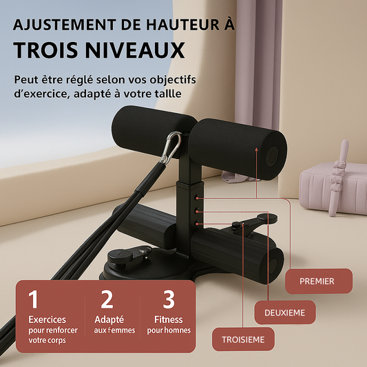 Illustration en français des trois niveaux de réglage d’une barre d’assistance pour abdos avec ventouse.