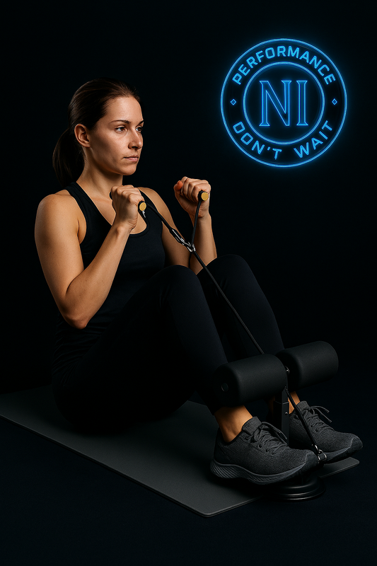 Entraînement abdominal avec barre d’assistance 3 niveaux, fond sombre et logo NI “Performance Don’t Wait”.
