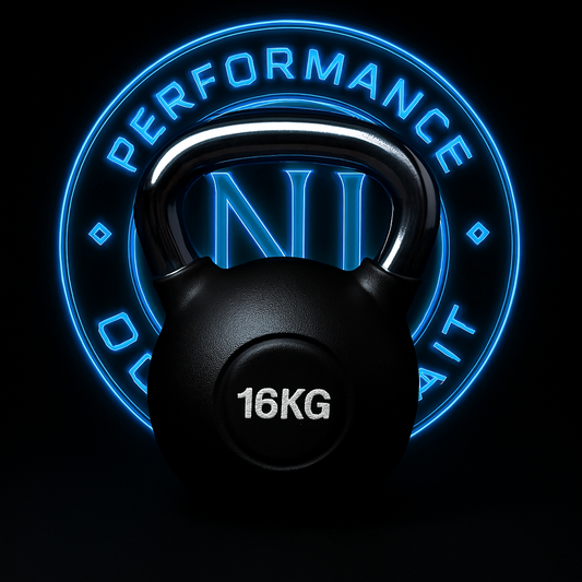Logo stylisé N.I PERFORMANCE sur kettlebell 16KG – design signature