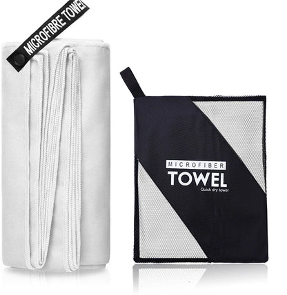 Serviette microfibre blanche élégante avec sac, ultra absorbante et douce pour la peau.