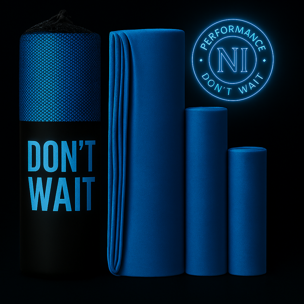 Serviette microfibre sport premium bleue avec logo N.I Performance et slogan Don’t Wait.