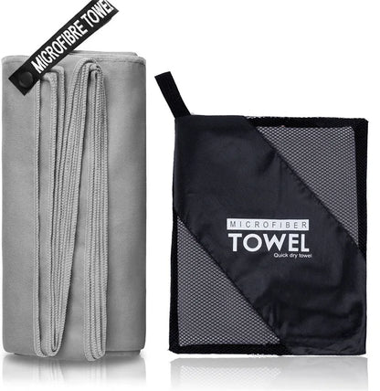 Serviette microfibre grise claire avec sac de transport, séchage rapide pour sport et plage