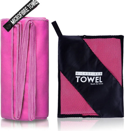 Serviette microfibre rose premium avec sac, idéale gym, fitness et plage.