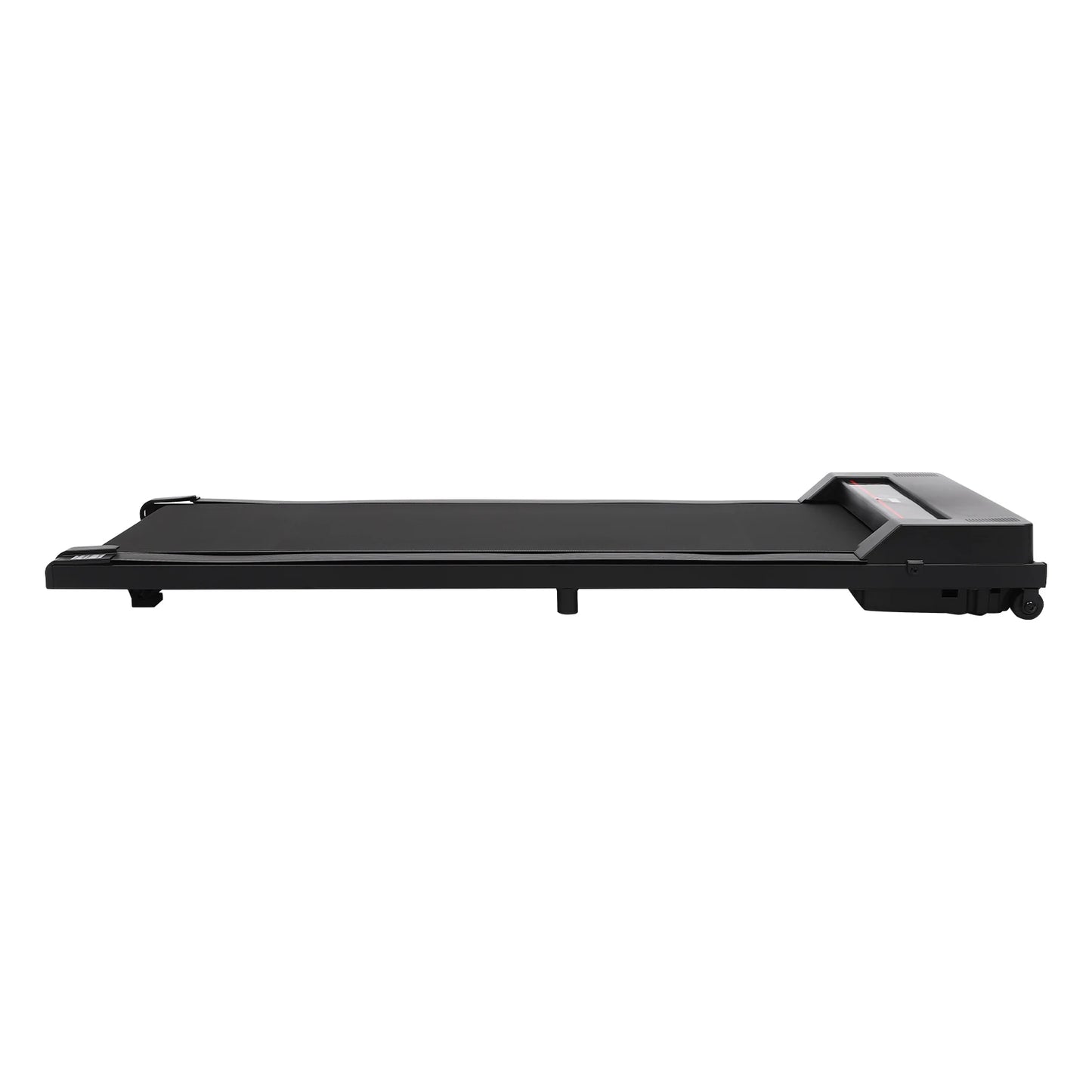 Tapis roulant compact noir posé au sol, design minimaliste et moderne.
