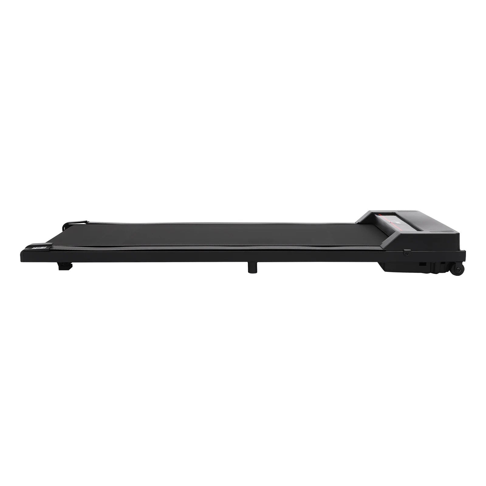 Tapis roulant compact noir posé au sol, design minimaliste et moderne.