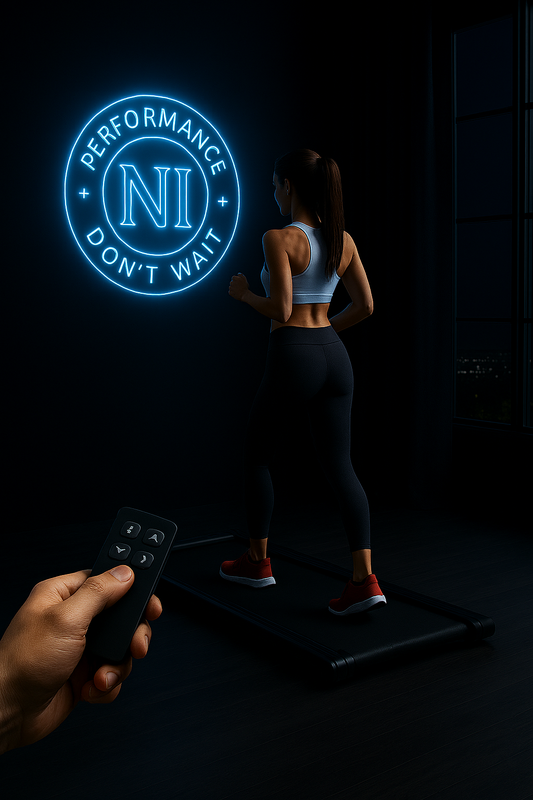 Femme marchant sur un tapis roulant intelligent dans une pièce sombre avec logo lumineux NI sur le mur.