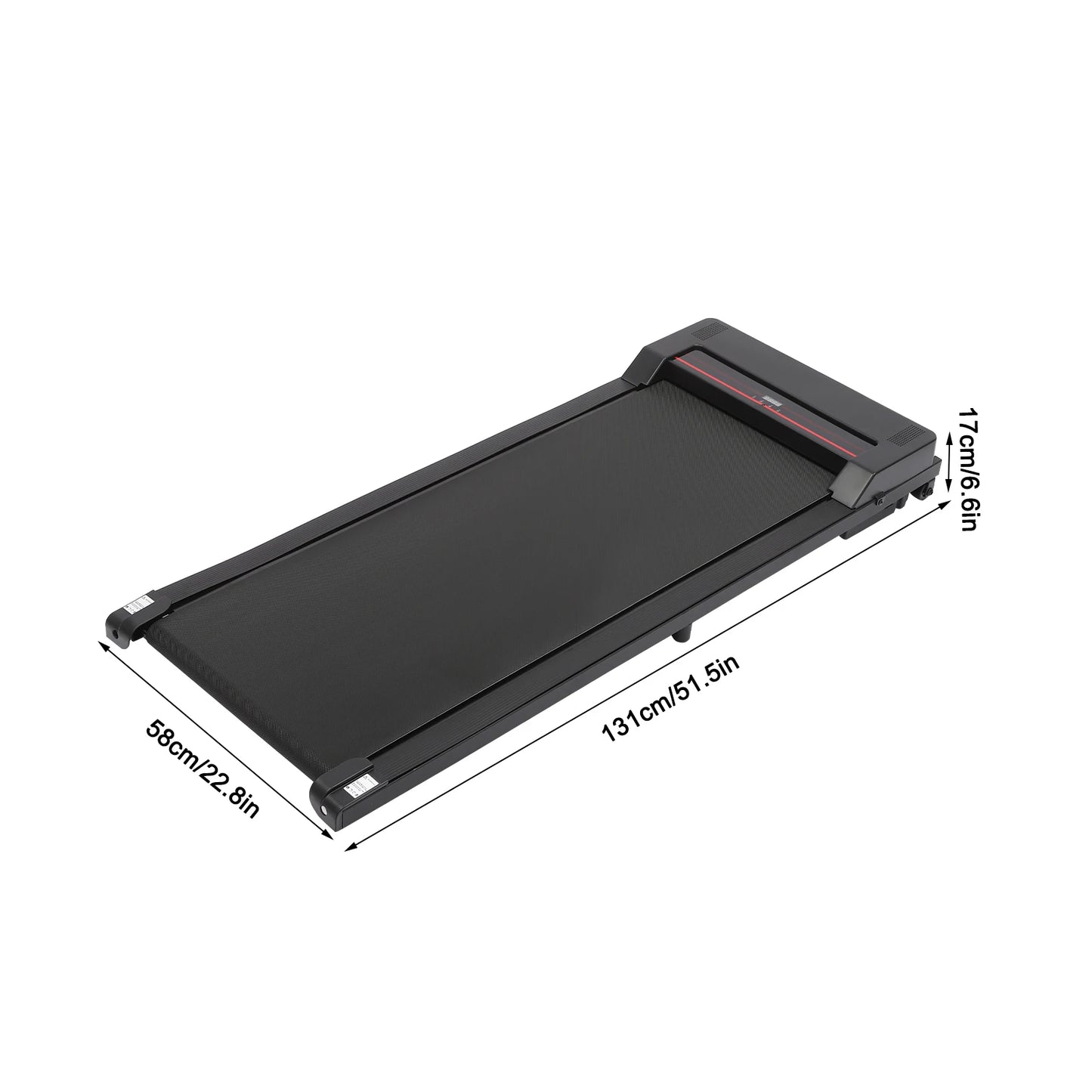 Vue aérienne d’un tapis roulant noir avec télécommande intégrée.