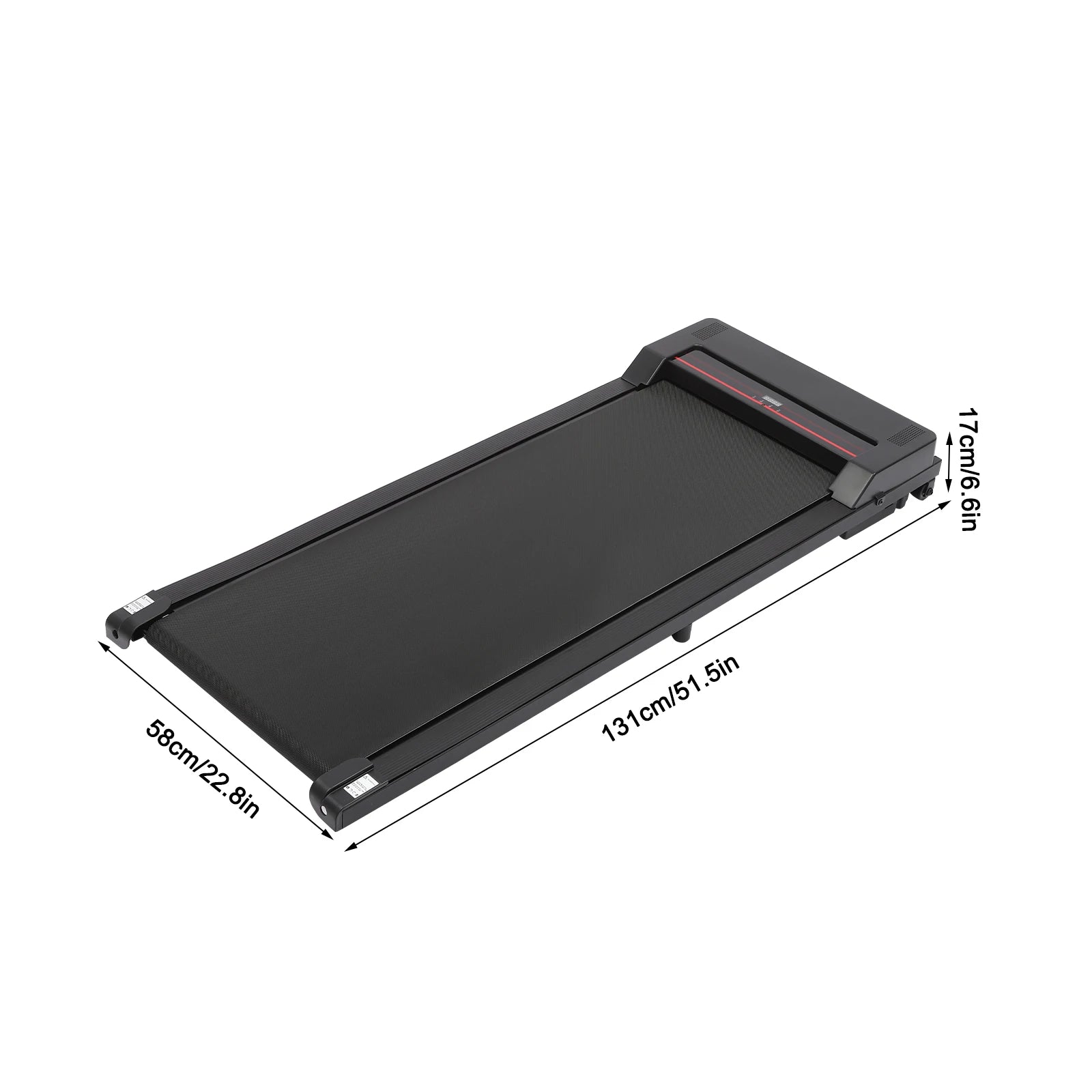 Vue aérienne d’un tapis roulant noir avec télécommande intégrée.